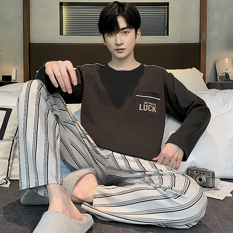 睡衣男春秋新款黑灰侧口袋长袖长裤家居服两件套装-A203