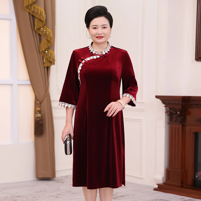 喜婆婆妈妈婚宴礼服金丝绒复古新中式七分袖结婚连衣裙女WH24671