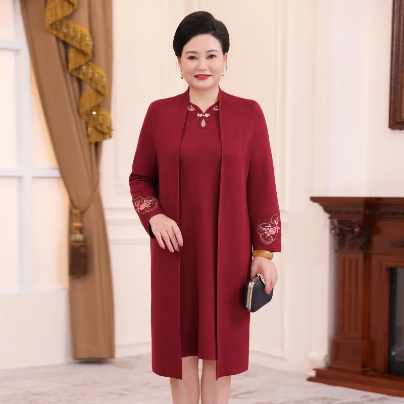 喜婆婆喜妈妈婚宴毛衣连衣裙套装本命年可穿红色两件套裙WM24708