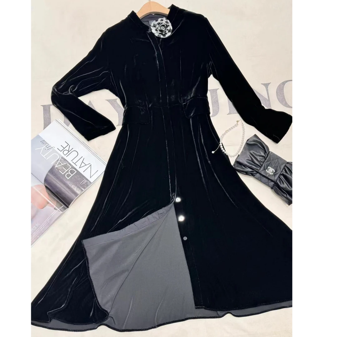 [68岁小姐姐]100%桑蚕丝 重磅丝绒复古收腰显瘦连衣裙ZFR8 1221