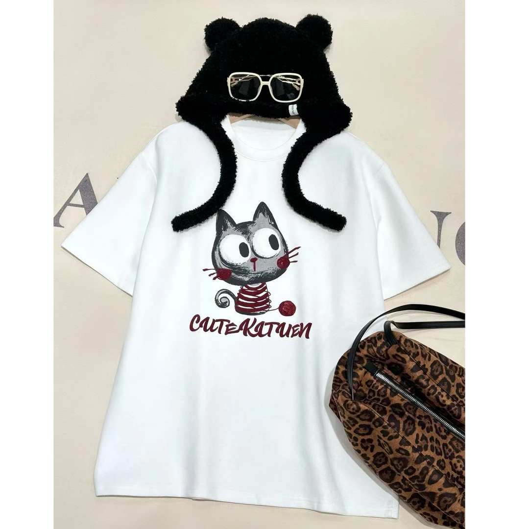 [68岁小姐姐]2024冬季新款卡通猫咪磨毛加厚宽松短袖T恤D24NX 070