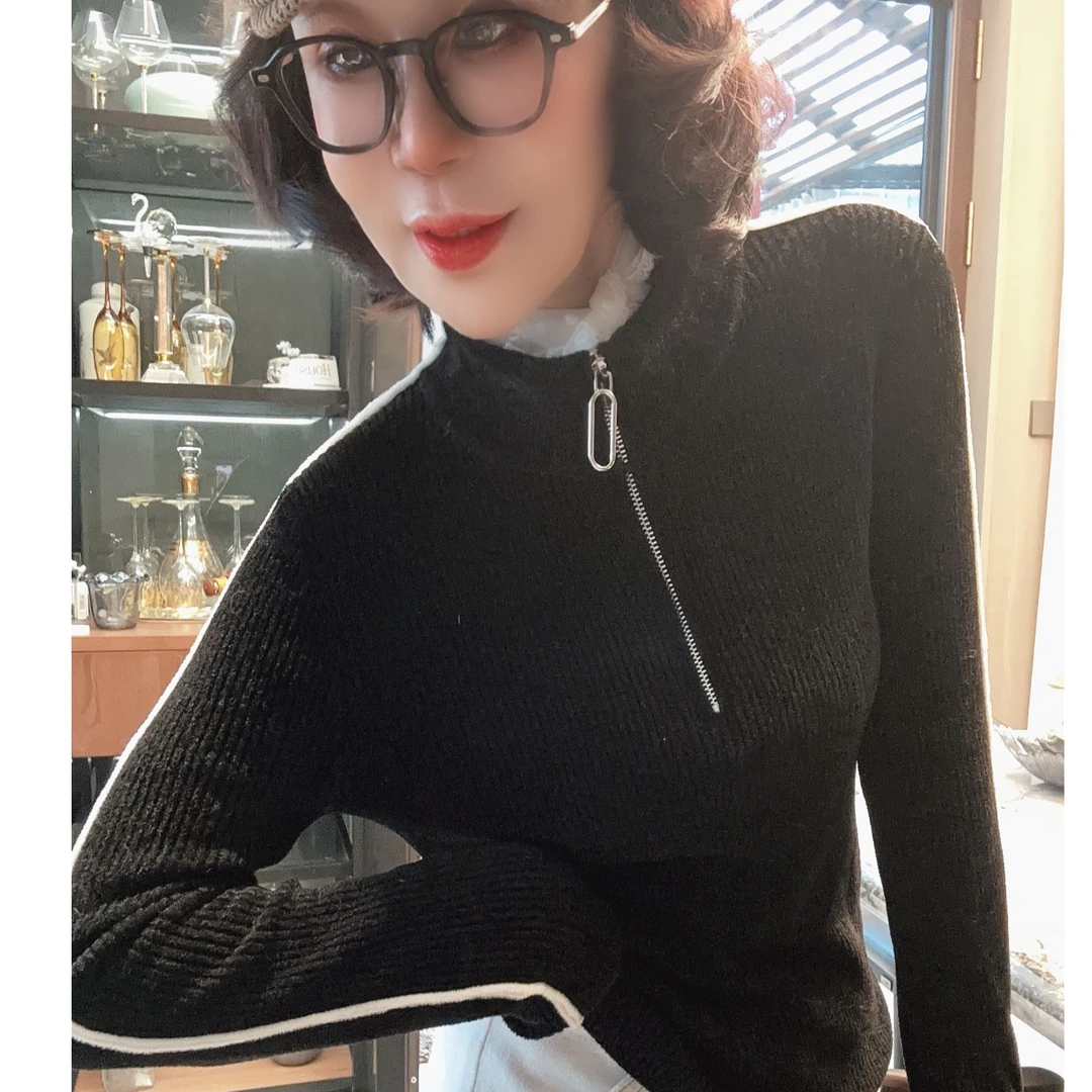 [68岁小姐姐]天鹅绒拉链半高领拉筋休闲时尚长袖打底衫D24QR 3557