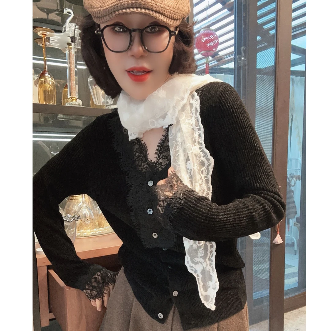 [68岁小姐姐]24秋冬新款优雅天鹅绒V领蕾丝长袖针织衫D24QR 3831