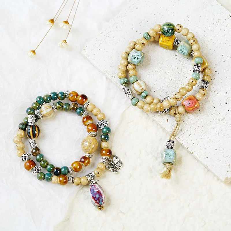 合金陶瓷手链 景德镇新中式双圈陶瓷手链民族风古风多层彩色手串