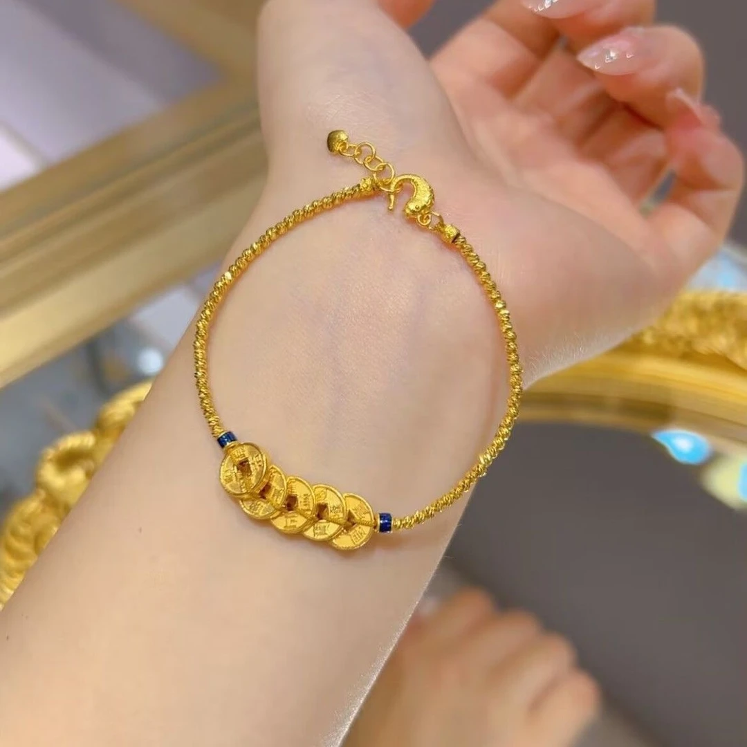 合金手链 百搭高级手链古金色五帝铜钱手链新蹦迪珠女古法精美