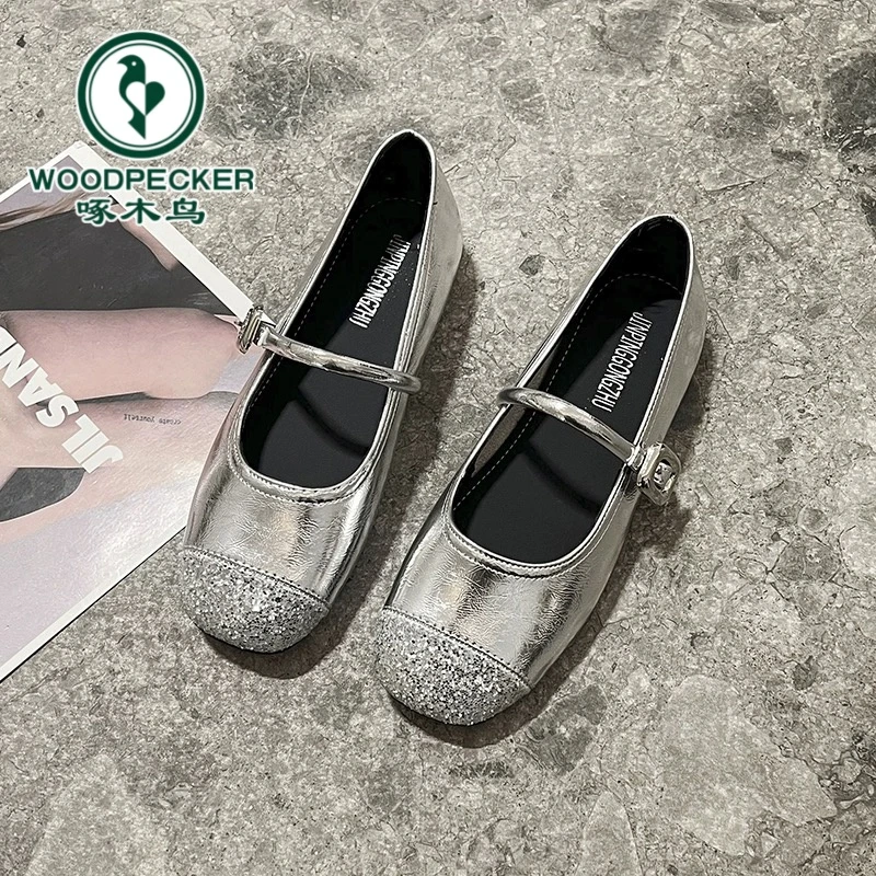 啄木鸟银色晚风软底浅口玛丽珍鞋女2025新款春夏复古法式平底单鞋