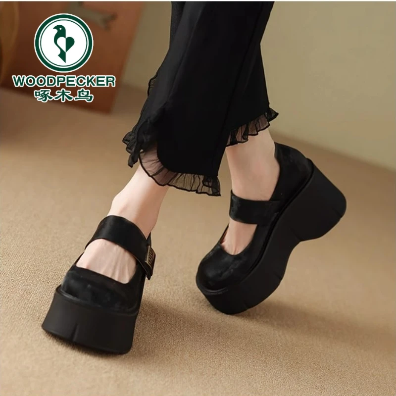 啄木鸟厚底松糕玛丽珍鞋女2025年春秋季超高跟坡跟法式单鞋晚晚鞋