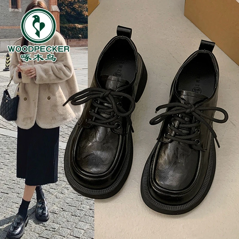 啄木鸟厚底英伦风小皮鞋女2024年春秋季乐福鞋系带女鞋黑色单鞋子