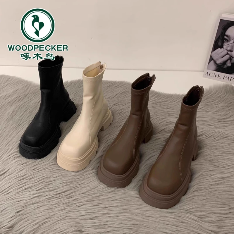 啄木鸟厚底马丁靴女靴子2025年春秋冬季加绒踝靴瘦瘦靴法式小短靴