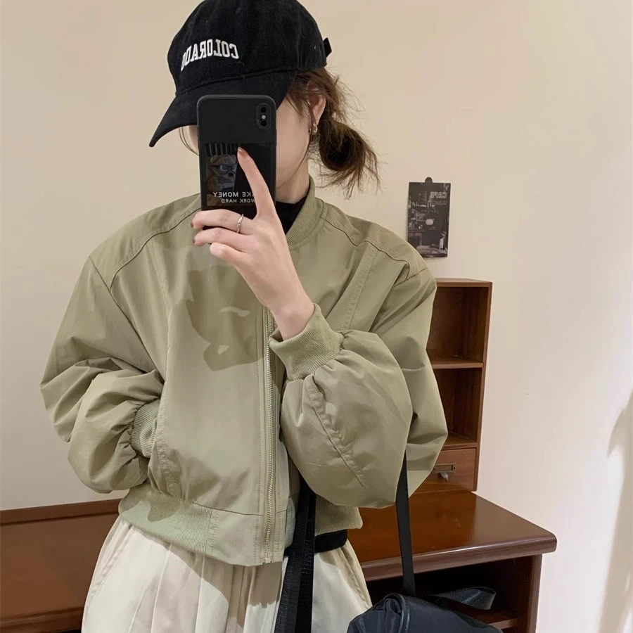 秋季新款简约时尚棒球服短款宽松休闲百搭小个子外套黑色立领韩版