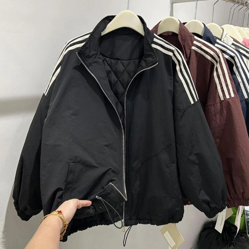 欧货时尚三条杠冲锋衣棉衣棉服女冬季休闲宽松小个子工装棉袄外套