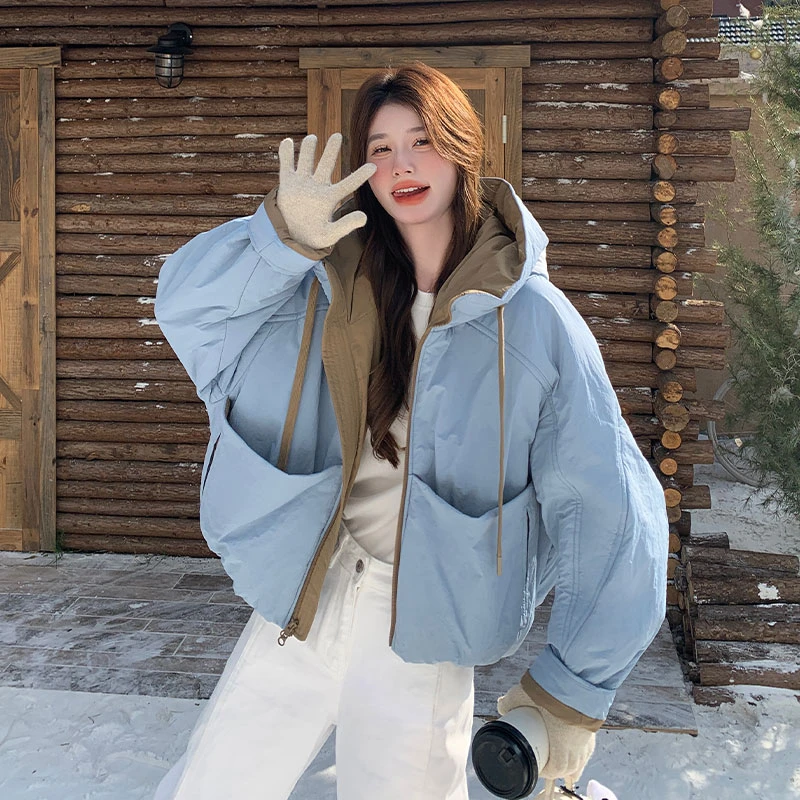 短款设计感撞色连帽新款棉服女冬季加厚韩系宽松棉衣保暖棉袄外套