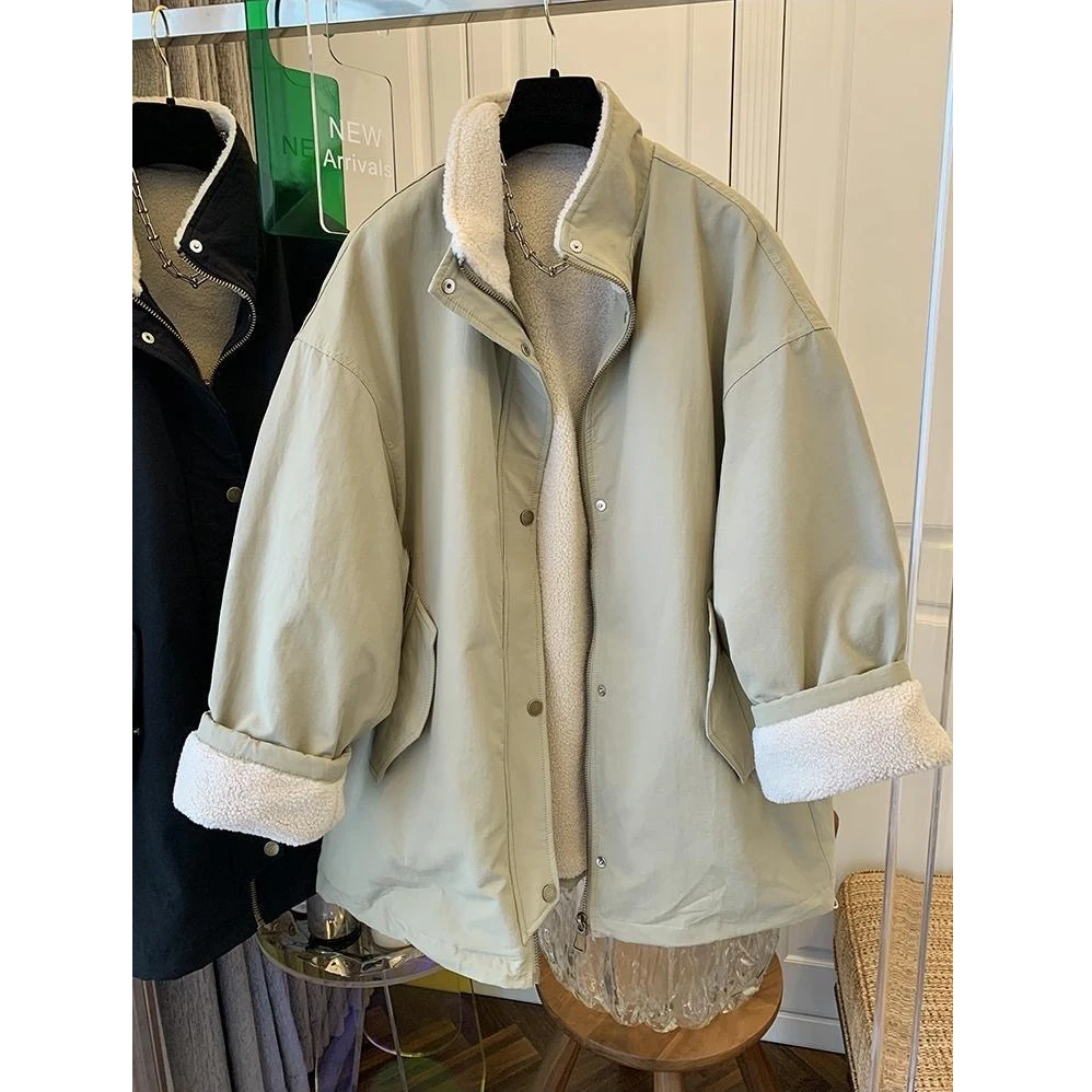 韩系立领加绒加厚外套女冬季2024新款宽松显瘦中长款派克服上衣潮