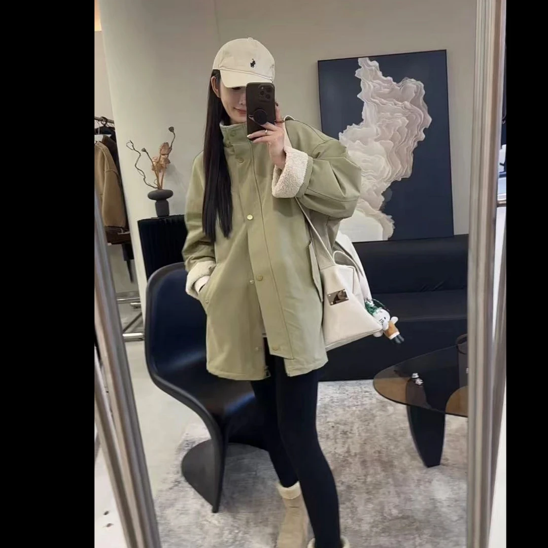 韩系立领加绒加厚外套女冬季2024新款宽松显瘦中长款派克服上衣潮
