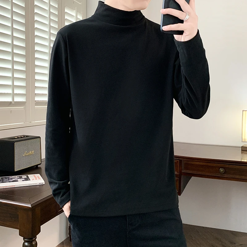 秋冬季半高领德绒长袖男卫衣内搭韩版男装潮流纯色保暖t恤打底衫T