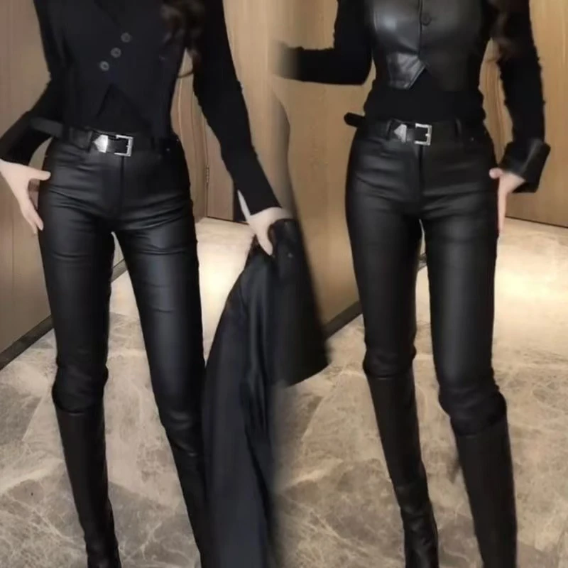 欧货加绒皮裤女秋冬新款韩版显瘦百搭高腰磨毛涂层皮裤修身直筒裤
