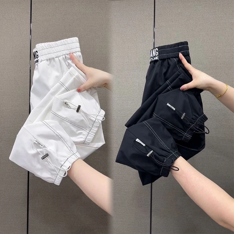 欧货夏季速干裤休闲裤女时尚宽松显瘦抽绳潮流九分裤束脚哈伦裤潮