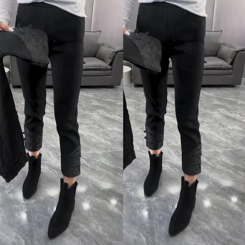 中国风盘扣黑色直筒裤女春季新款显瘦百搭裤脚提花九分裤烟筒裤潮