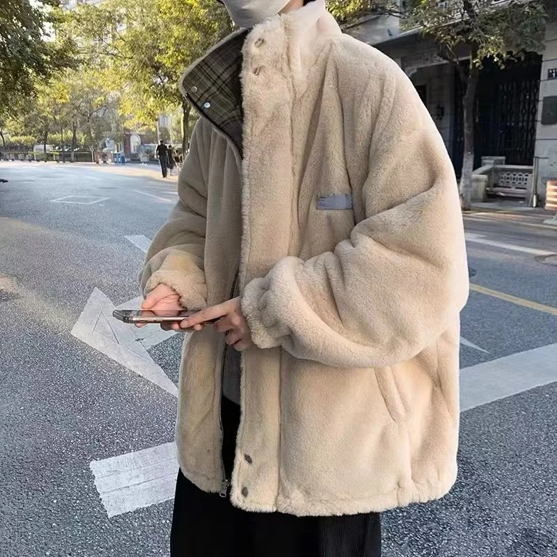 两面穿棉服男款冬季潮牌加绒加厚棉衣保暖宽松立领羊羔绒外套袄子