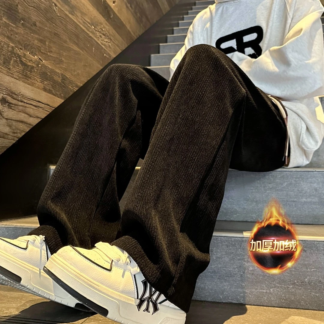 灯芯绒加绒裤子男冬季新款加厚美式重磅卫裤垂感直筒休闲运动长裤