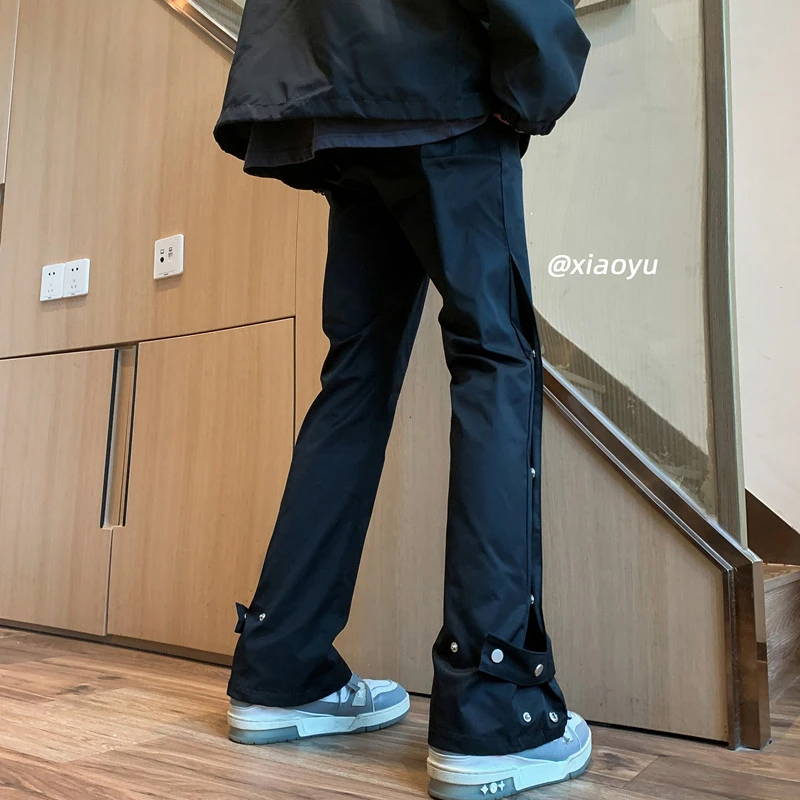 排扣冲锋裤男春秋季美式vibe高街机能微喇裤子修身直筒休闲长裤男