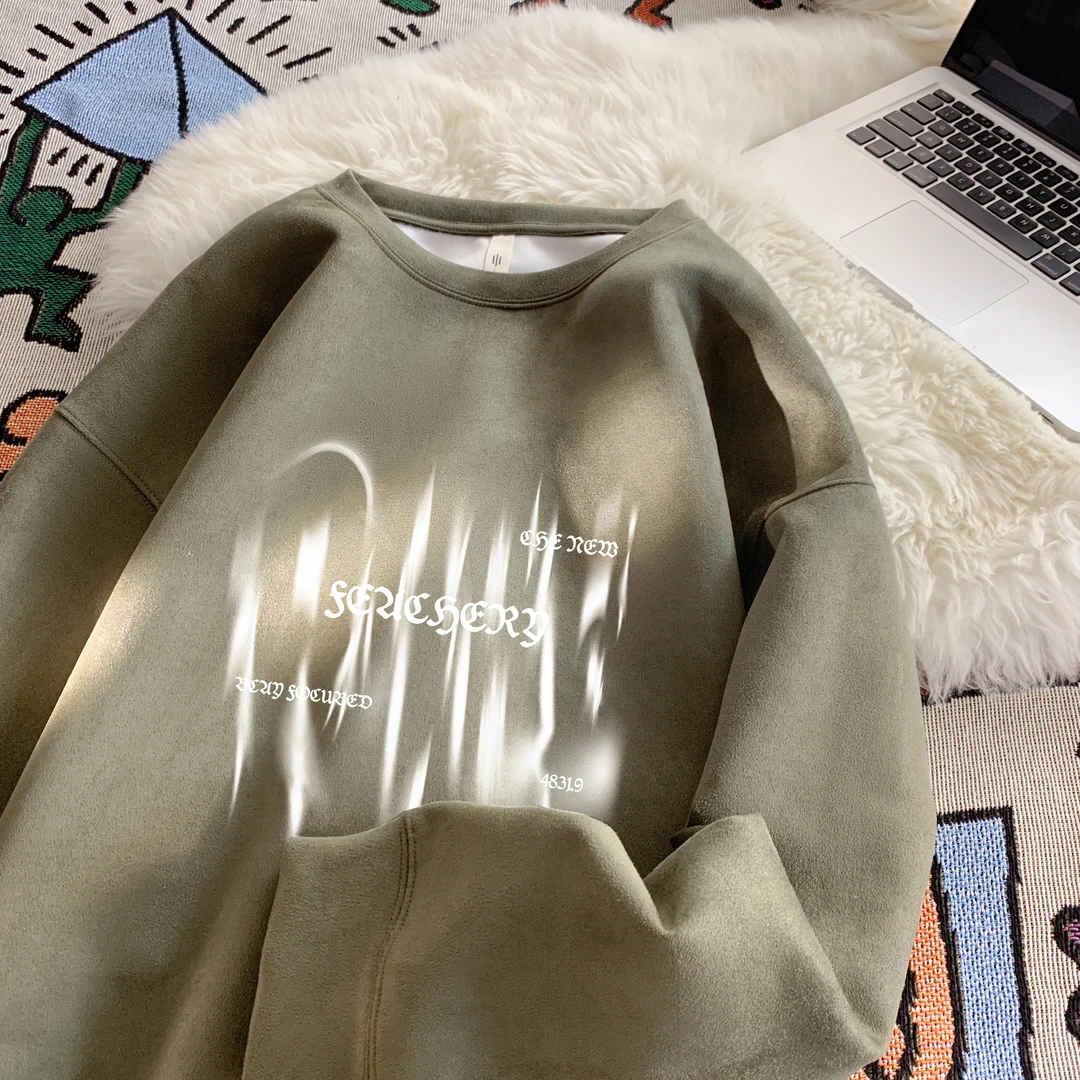 重影字母重磅圆领卫衣男秋季美式潮牌宽松大码青少年长袖打底上衣