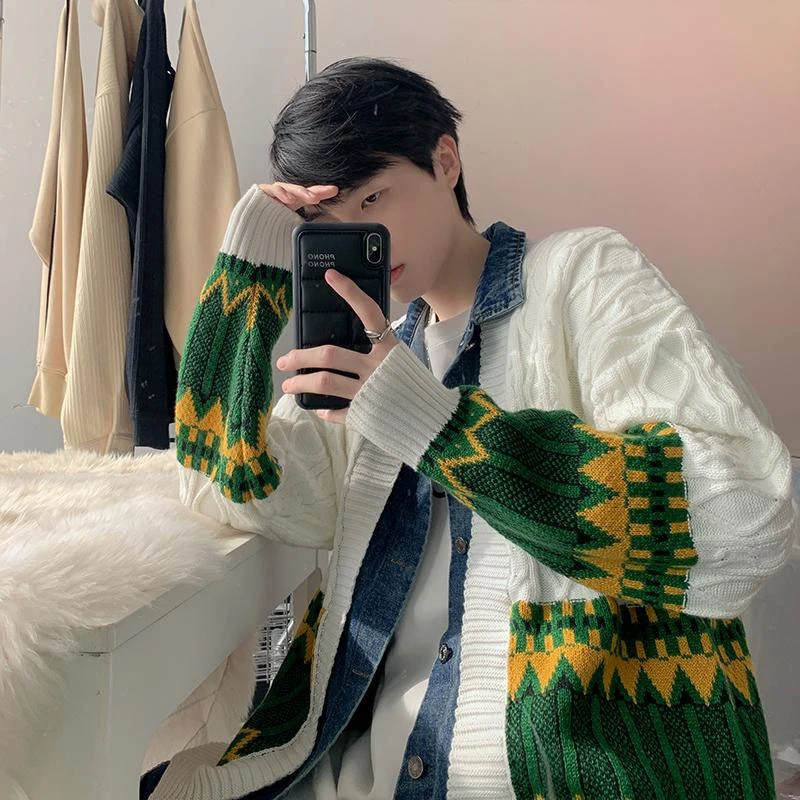 慵懒风毛衣男款春季外套2024新款潮牌学生牛仔假两件开衫针织衫