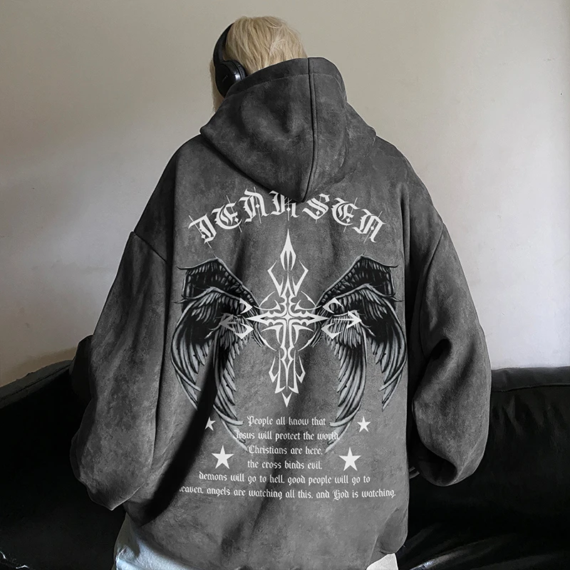 麂皮绒重磅连帽卫衣男春秋2025新款美式复古红色长袖外套潮牌高街