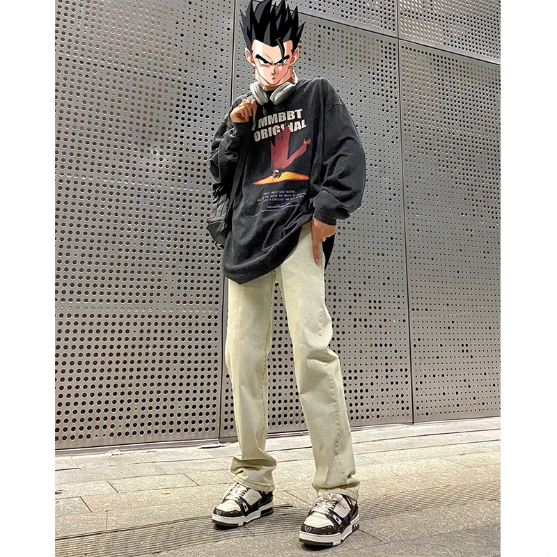 黄泥色牛仔裤男春季新款潮牌修身小脚水洗大码宽松直筒休闲长裤子