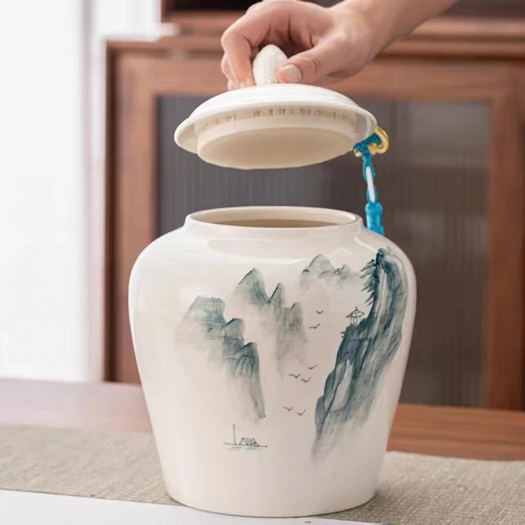 siyan/司宴茶叶罐，储物罐，手绘大号羊脂玉家用防潮密封罐，陶瓷