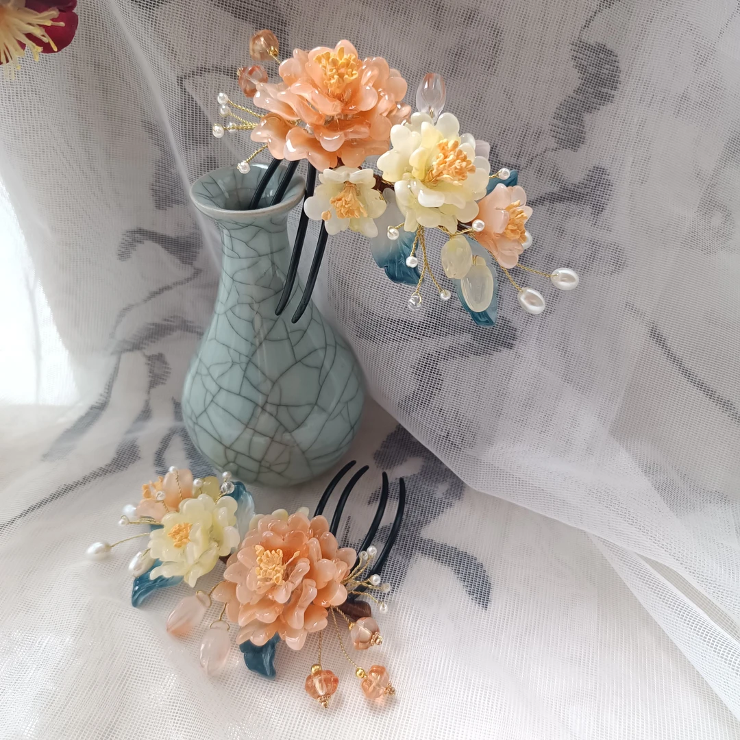 原创古风牡丹琉璃发梳手工清新明制宋制唐风软簪仙女百搭黄色