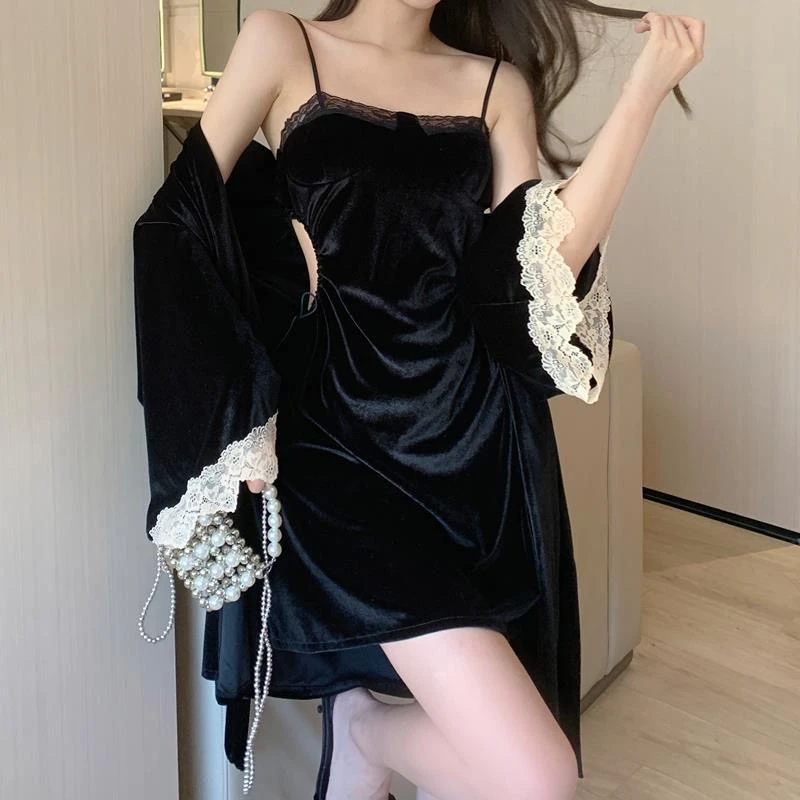 【深夜ing】高定轻奢睡衣2022秋季丝绒款性感吊带睡裙家居服套装