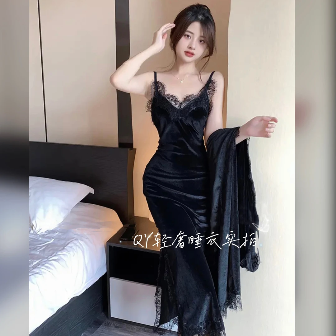 【初回悠然】高定轻奢丝绒睡衣2022秋新款法式蕾丝睡裙纯欲家居服