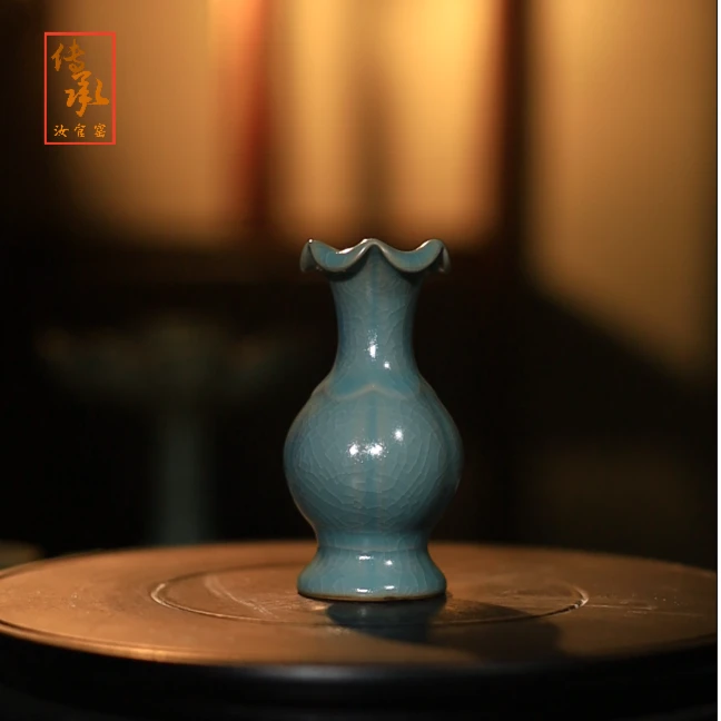 【传承汝官窑】复烧北宋官窑天青釉荷口瓶摆件/ 10CM