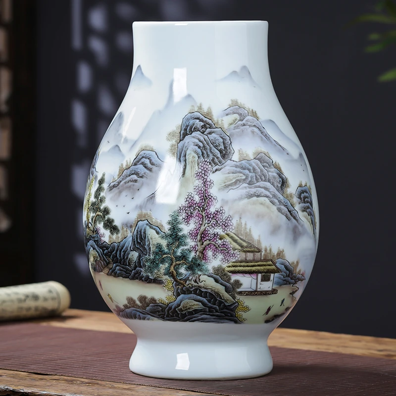 景德镇陶瓷器粉彩山水画福筒花瓶大口养富贵竹客厅装饰电视柜