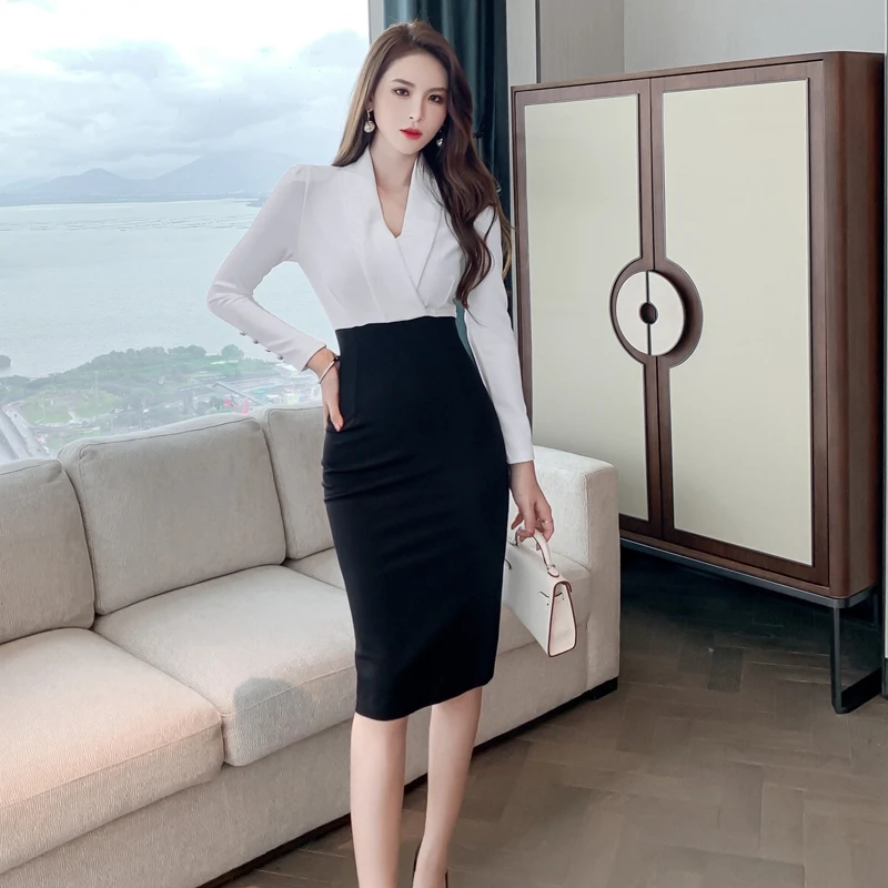 秋冬性感气质名媛拼接女神范修身显瘦御姐长袖通勤包臀裙 4406