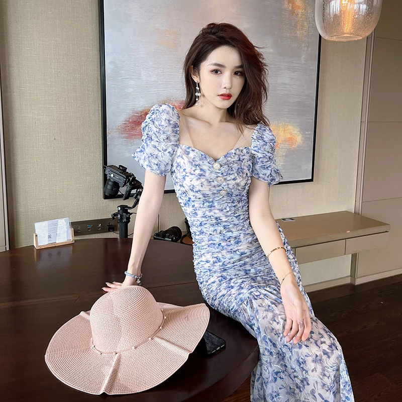 气质法式夏季甜美印花荷叶边网纱修身显瘦碎花复古连衣裙20057