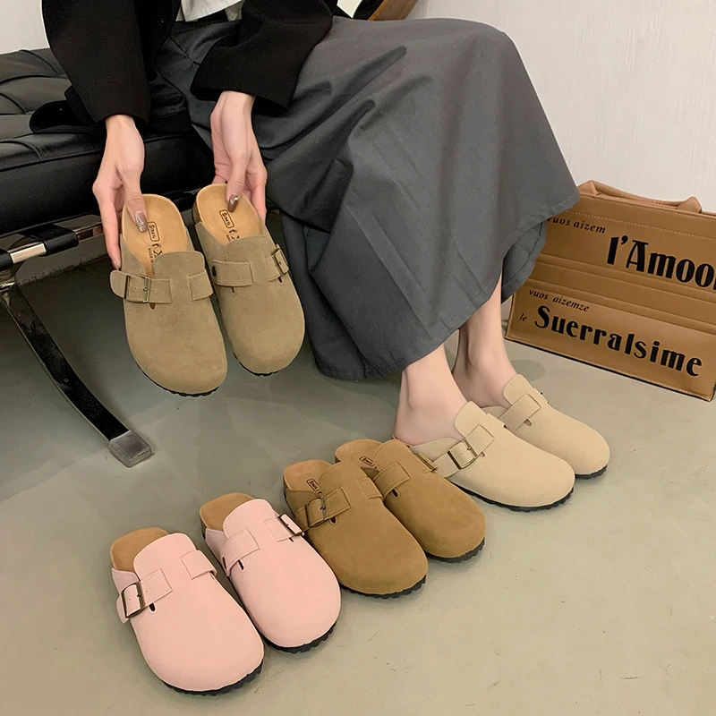 厚底勃肯鞋半拖圆头拖鞋一脚蹬软底防滑复古包头半拖鞋女外穿百搭