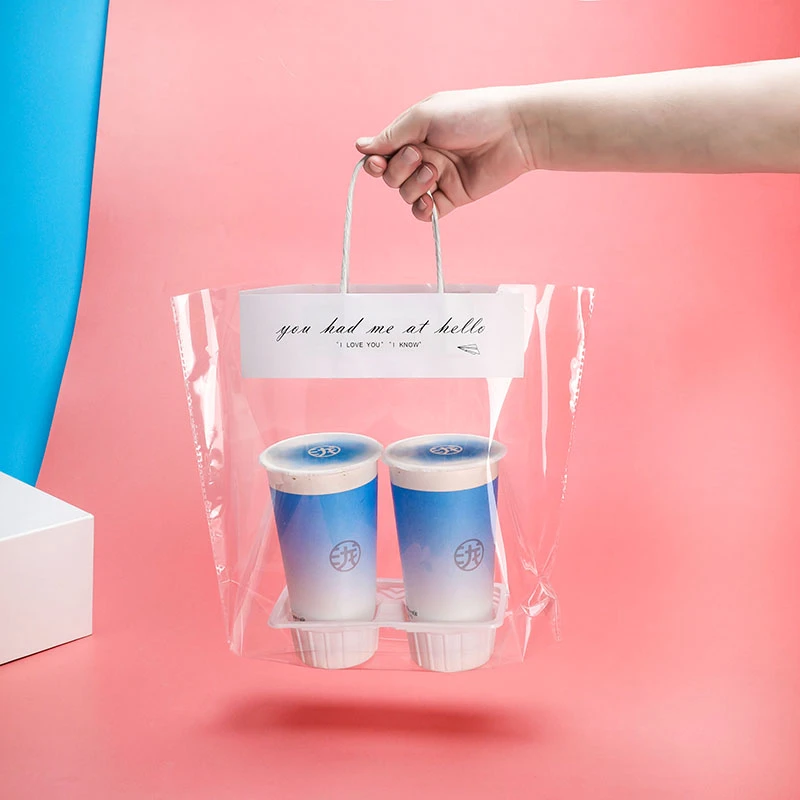 奶茶袋子打包外卖袋单双杯网红水果捞烘焙透明冷饮外卖手提袋定制
