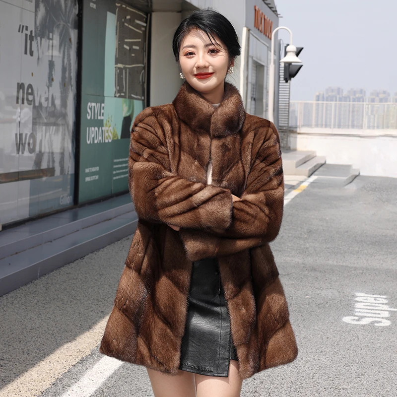 2025进口貂皮大衣女中长款修身水貂皮草外套天鹅绒中老年整貂裘皮