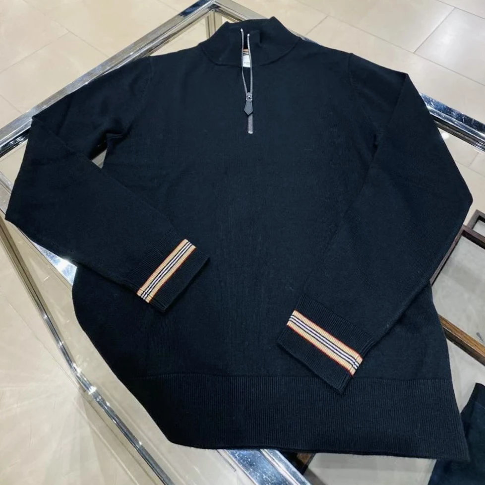 未使用 BURBERRY/博柏利 男士针织衫羊毛衫驼条纹半高领拉链