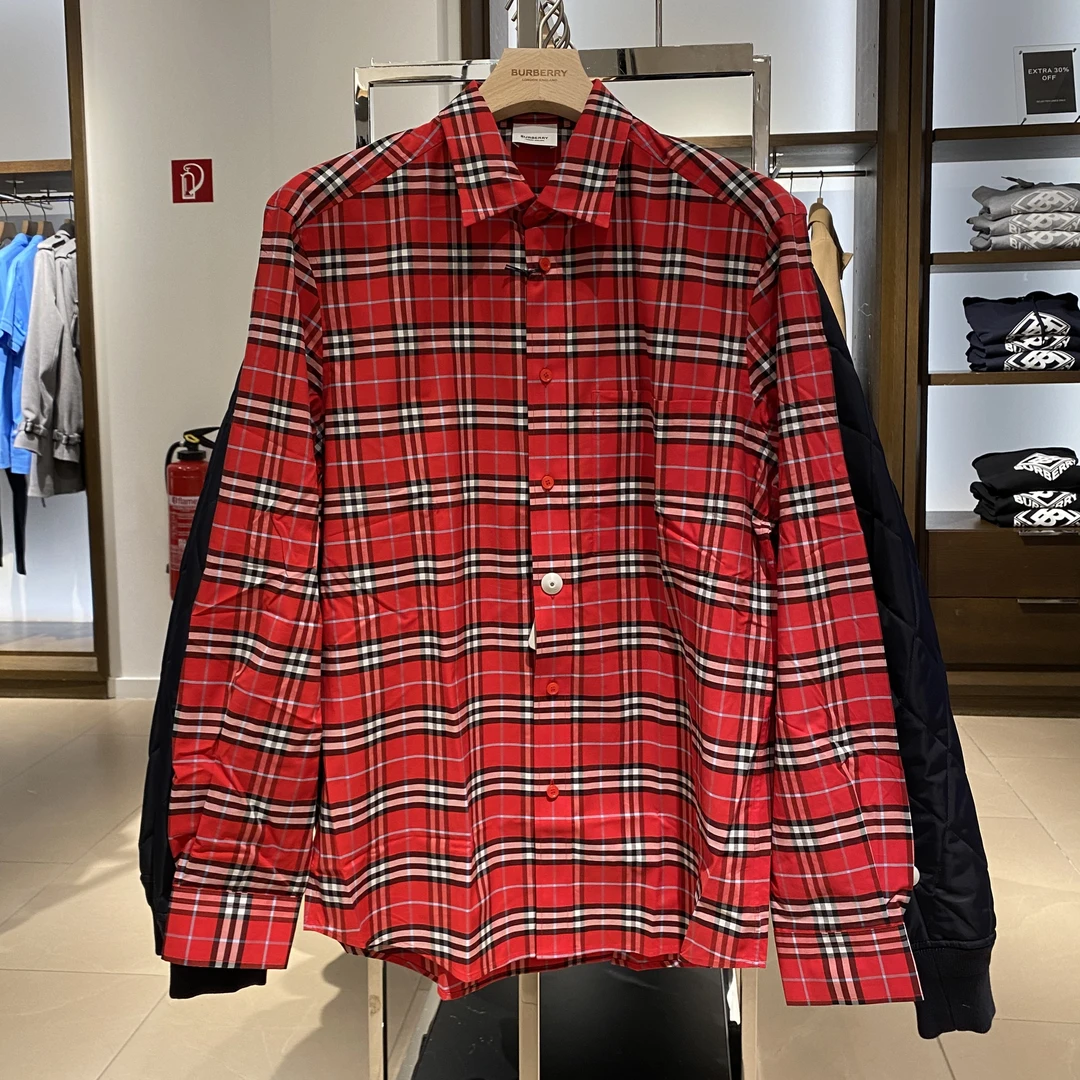 全新未使用 BURBERRY/博柏利 男士休闲格纹衬衫 字母刺绣 亮红色