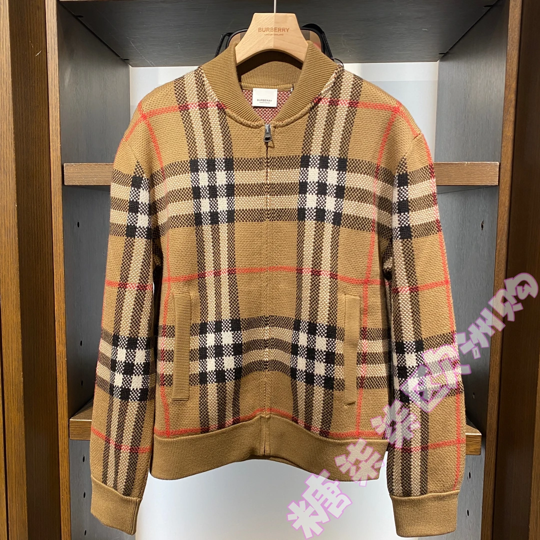 未使用 BURBERRY/博柏利 男女同款经典拉链格纹针织羊毛外套厚款