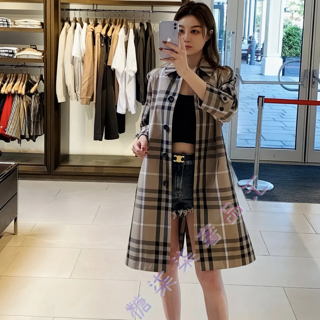 未使用 BURBERRY/博柏利 女士风衣 卡其色格纹单排扣 中长款