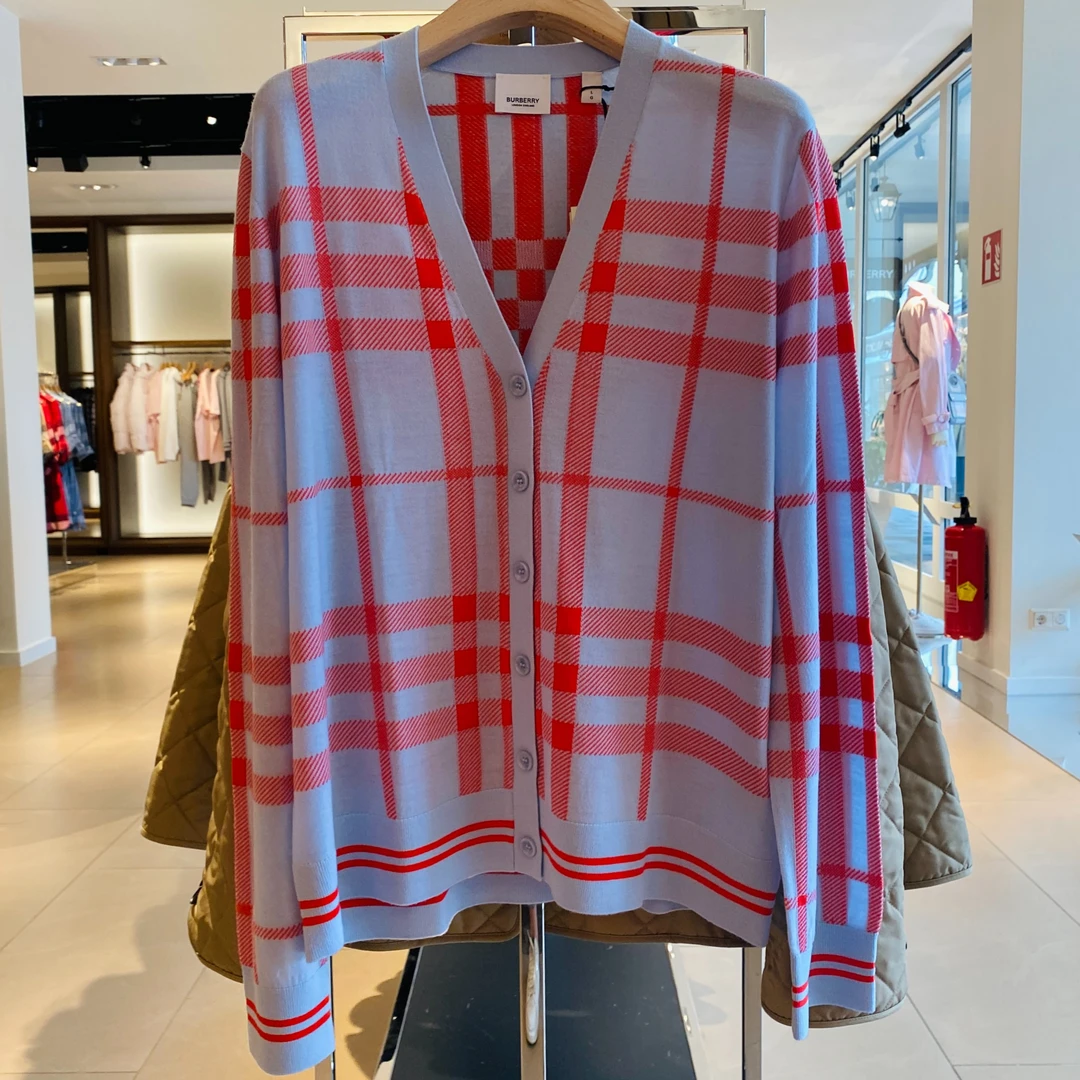 未使用 BURBERRY/博柏利  女士针织开衫 毛衣 淡蓝橘红格纹