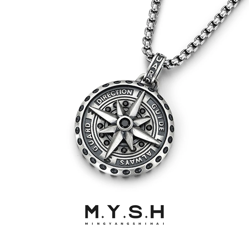 吊坠925银合成锆石 MYSH北极星指南针航海罗盘项链男士吊坠