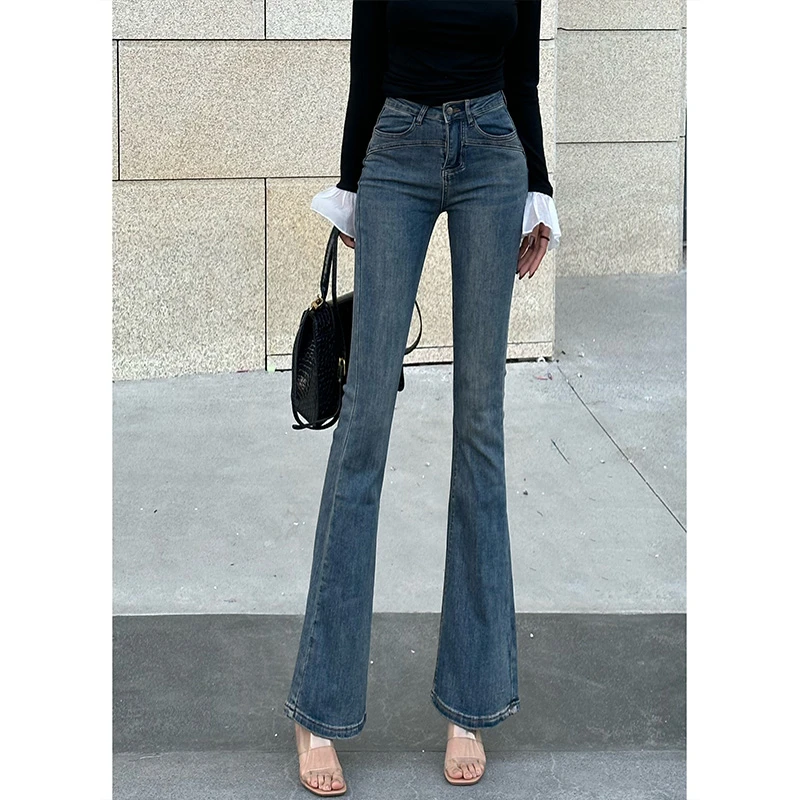 微喇牛仔裤女2024年秋季复古蓝水洗高腰显瘦弹力提臀喇叭裤蛮腰纪