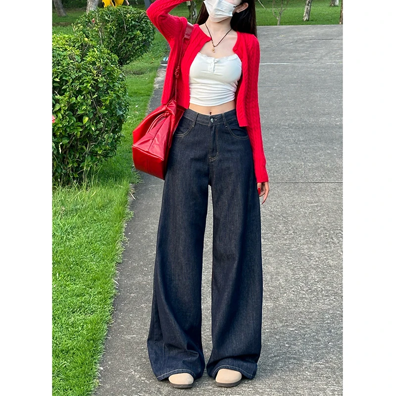 慵懒原牛阔腿牛仔裤女2025冬季新款百搭侧褶设计百搭垂感拖地裤