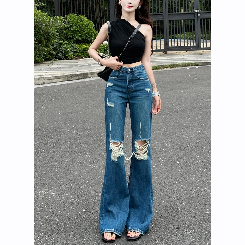 破洞喇叭牛仔裤女2025秋季新款百搭不贴腿遮肉显瘦显腿长拖地长裤