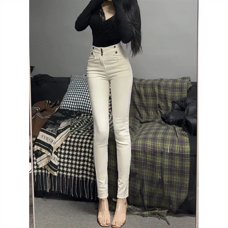 米白色高腰小脚牛仔裤女2025年秋季新款百搭修身弹力显瘦铅笔裤